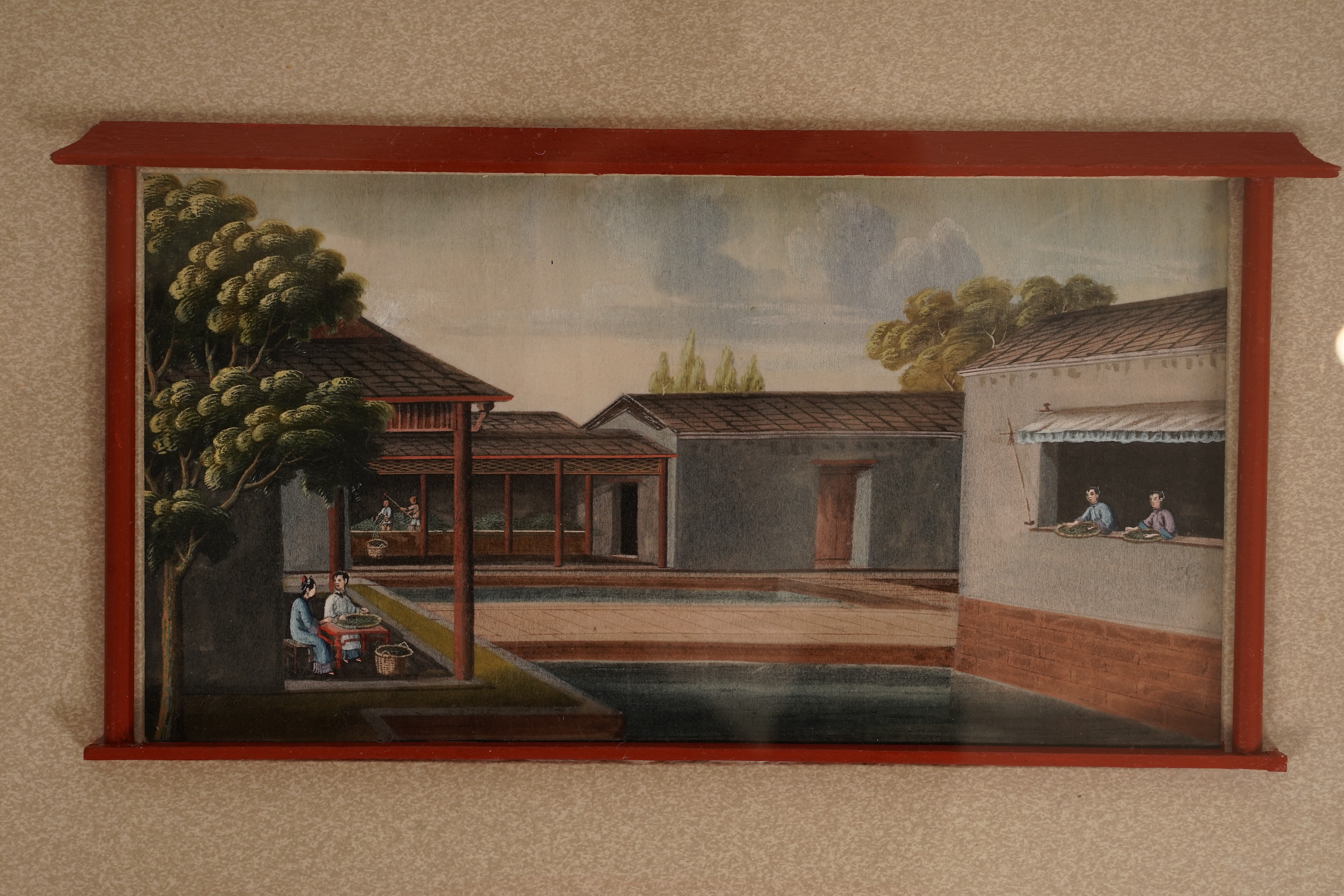Circle of Youqua , Chinese (Mid 19th century), Scenes of rice or tea production, Six watercolours on pith paper, Image 12cm x 22.5cm